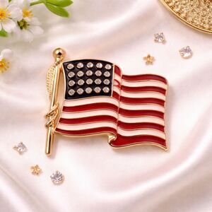 Goldtone Patriotic Enameled Rhinestone American Flag Pin Brooch